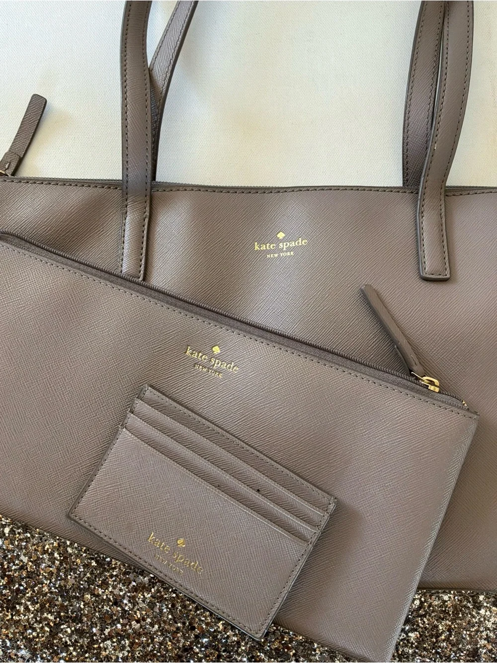 Kate Spade New York Gray Glitter Saffiano Leather Tote 3-Piece Set w/ Zip Pouch